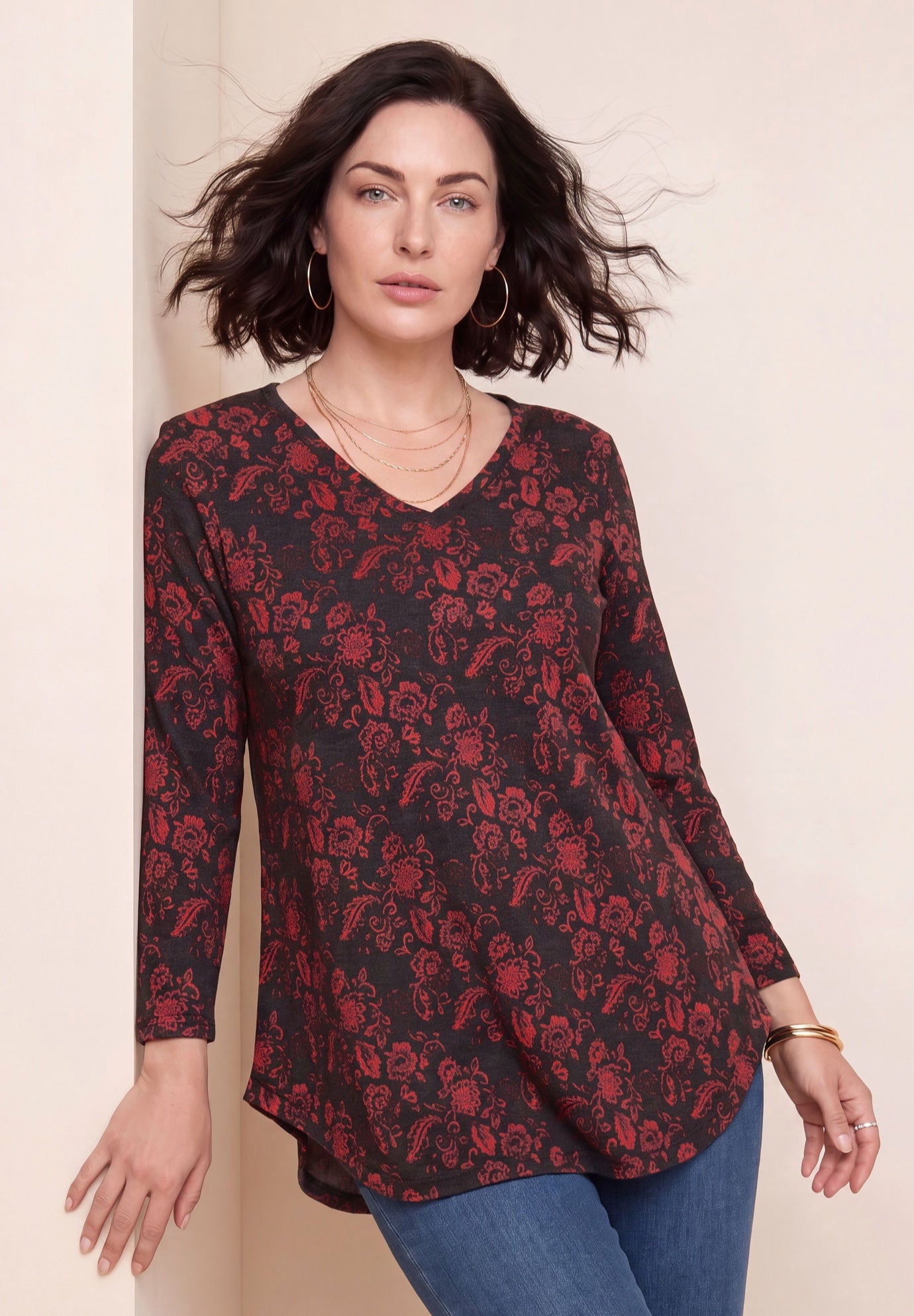 Plus Size Knit Thermal V Neck Swing Tunic &ndash; Long Sleeve image number 0