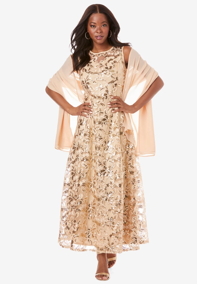 Plus-Size Allover Lace Embellished Shawl Gown image number 0