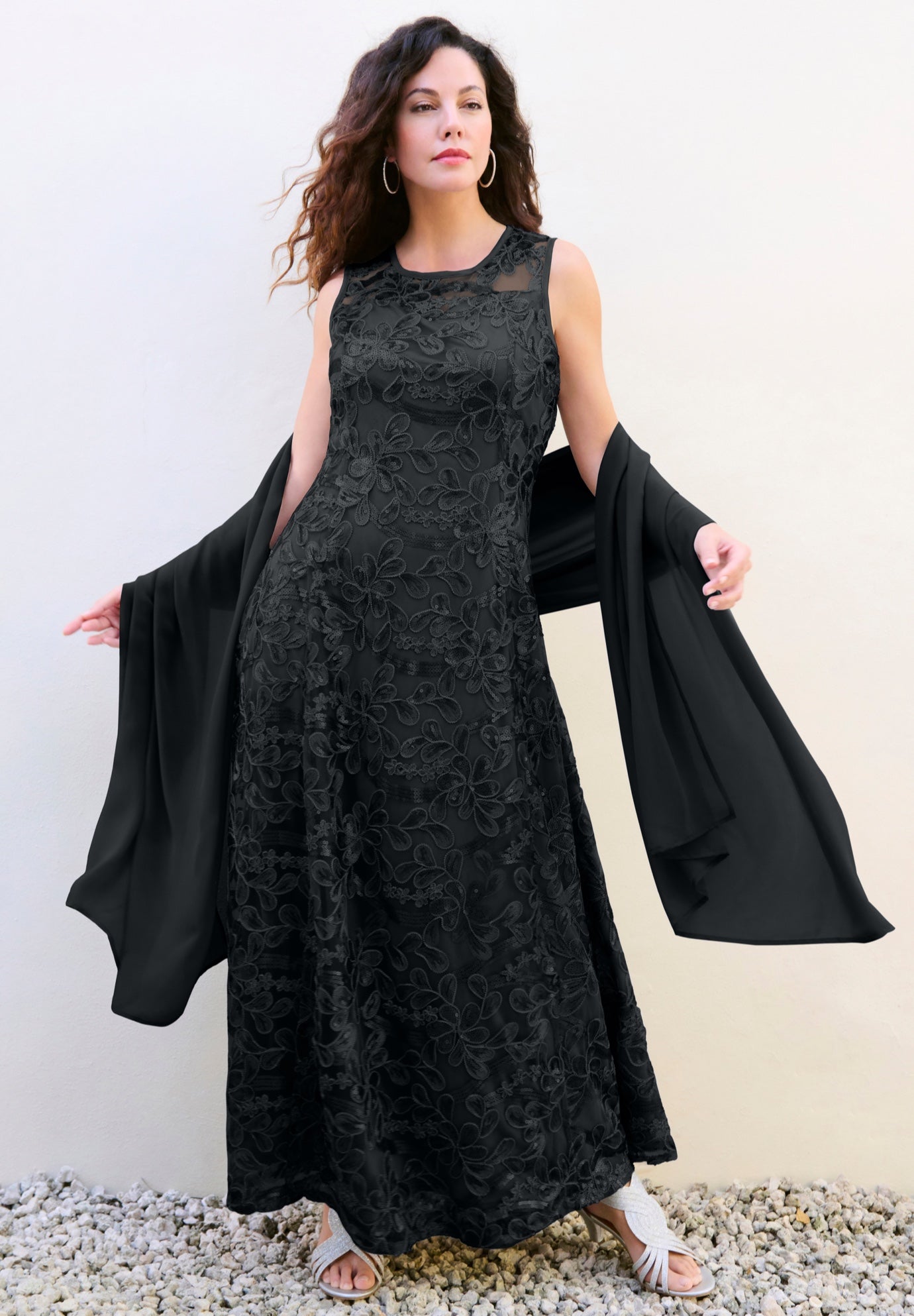 Plus-Size Allover Lace Embellished Shawl Gown image number 0