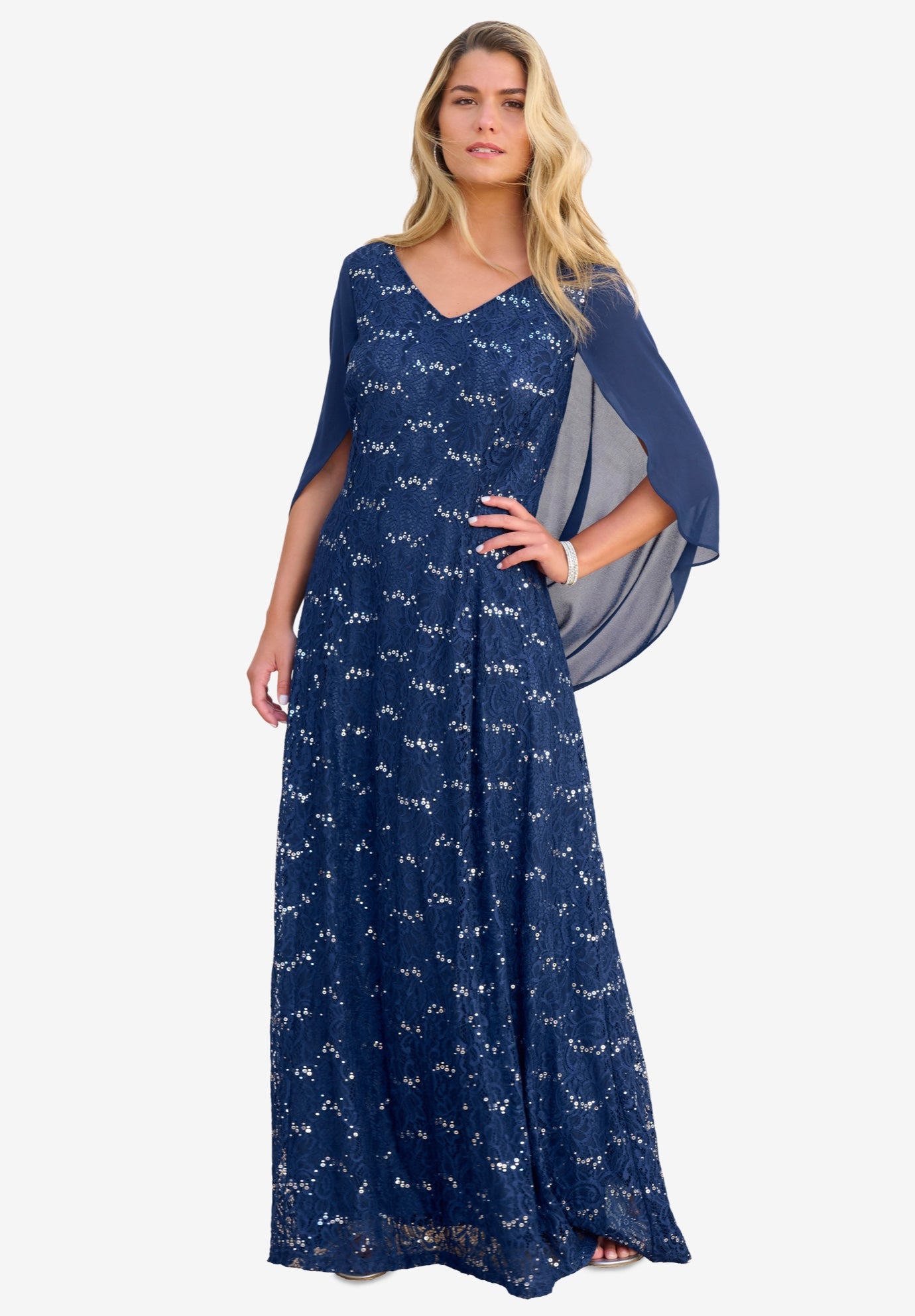 Plus-Size Allover Lace Gown with Capelet image number 0