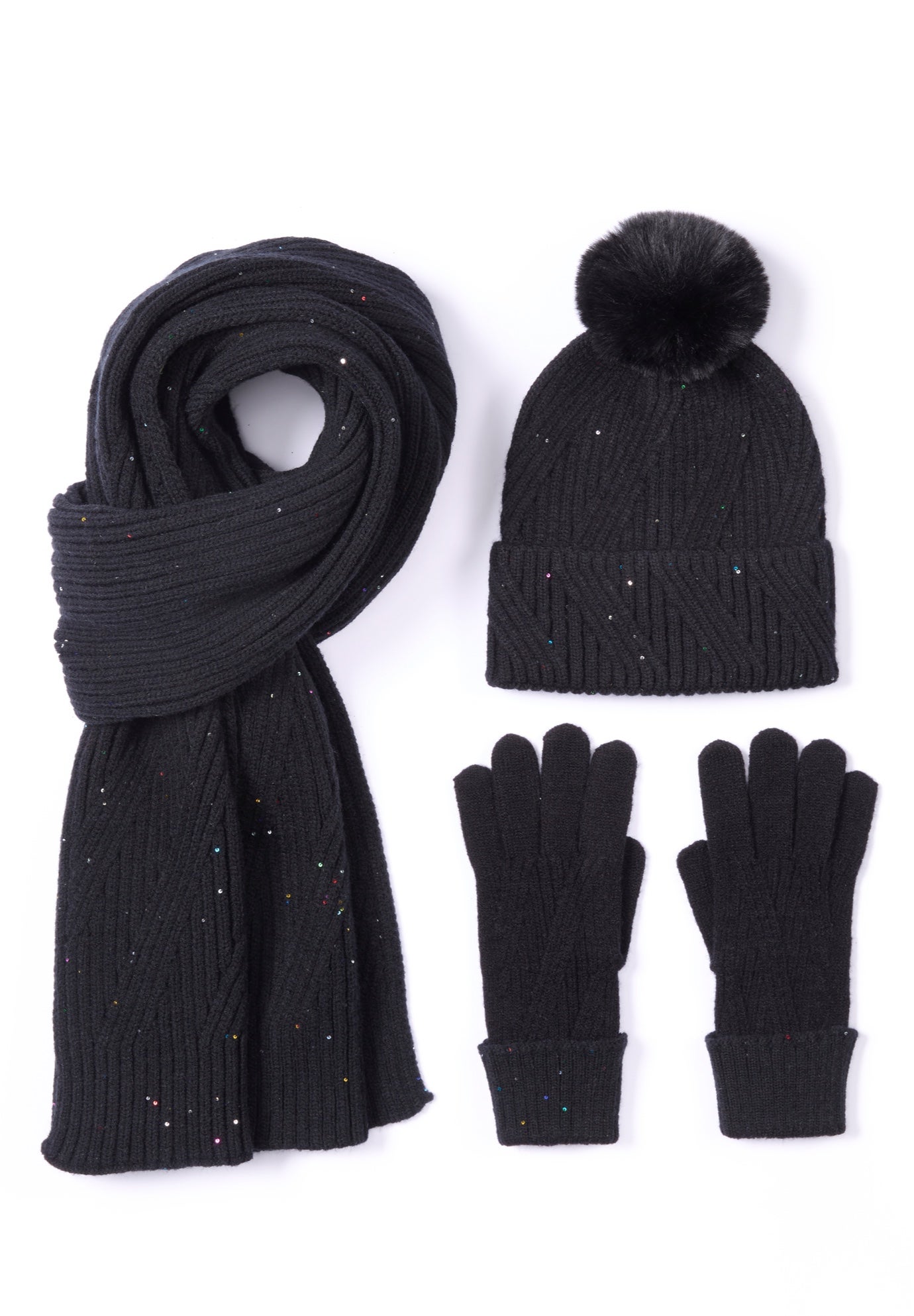 3-Pc Sequin Knitted Hat, Scarf And Gloves Set image number 0