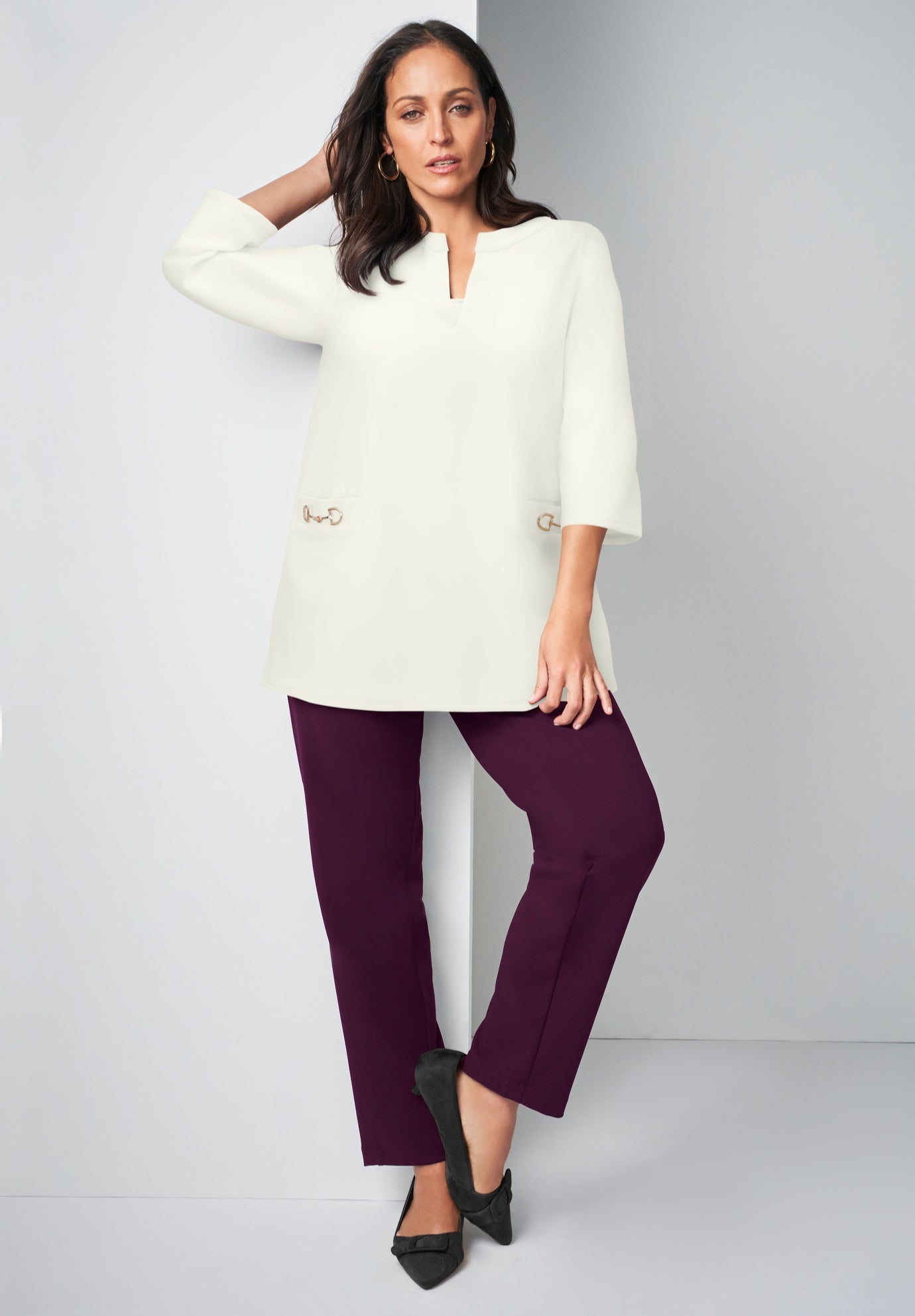 Gold Detail Split Neck Stretch Knit Tunic image number 0