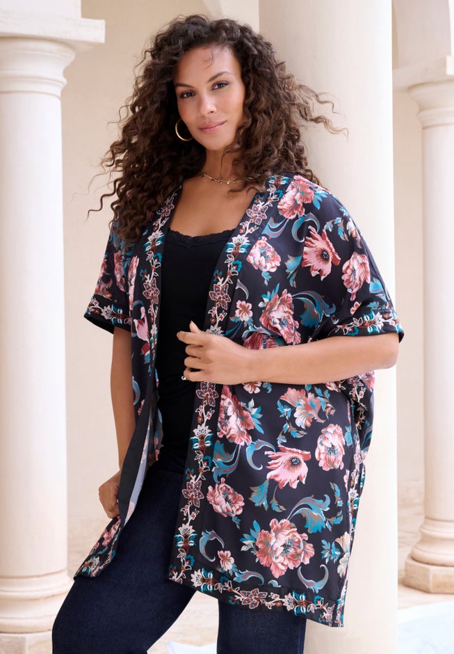 Plus Size Drape Embroidered Kimono image number 2