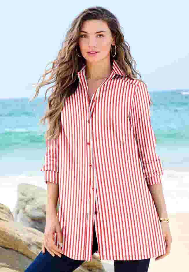 Plus Size Kate Long Sleeve Tunic Easy Cotton-Blend Button-Front Shirt image number 0