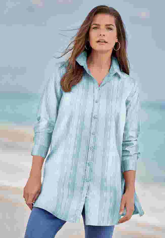 Plus Size Kate Long Sleeve Tunic Easy Cotton-Blend Button-Front Shirt image number 0