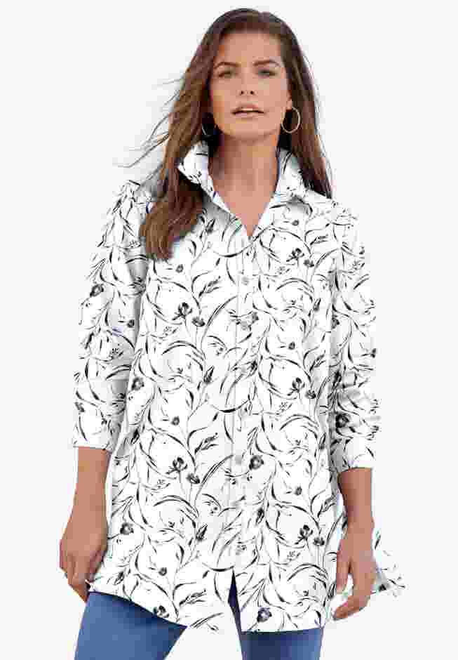 Plus Size Kate Long Sleeve Tunic Easy Cotton-Blend Button-Front Shirt image number 0