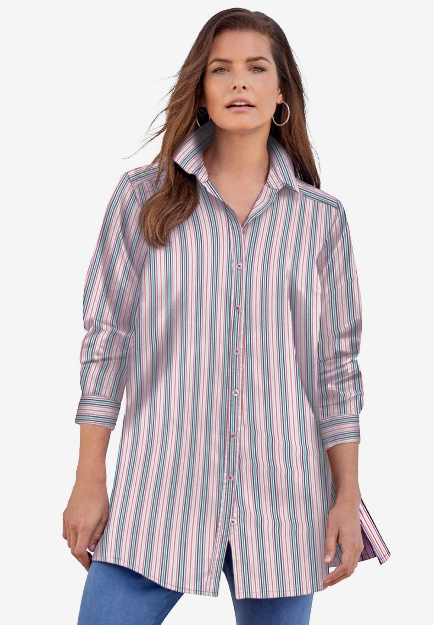 Plus Size Kate Long Sleeve Tunic Easy Cotton-Blend Button-Front Shirt image number 0