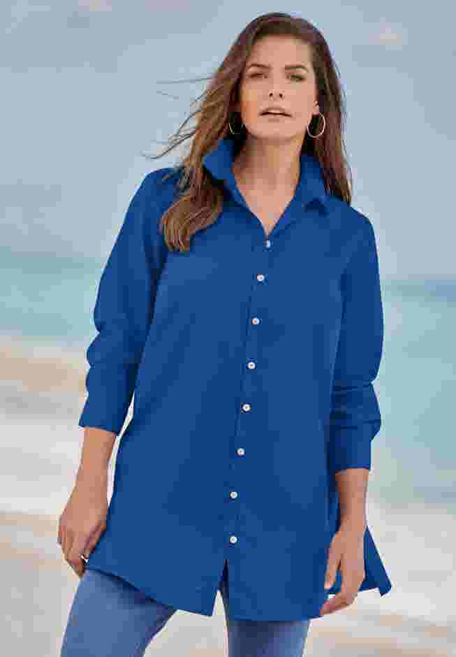 Plus Size Kate Long Sleeve Tunic Easy Cotton-Blend Button-Front Shirt image number 0