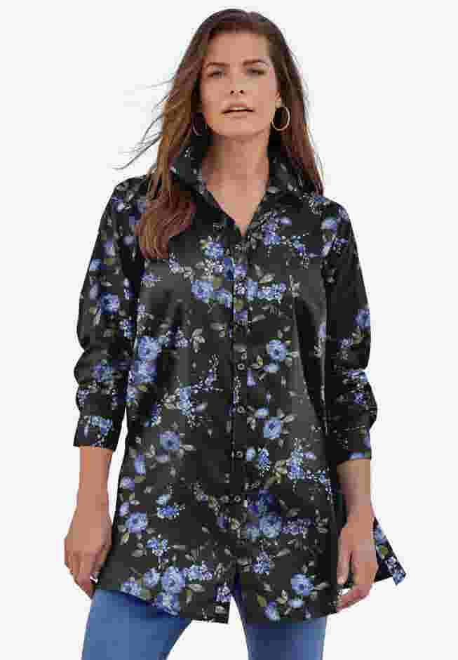 Plus Size Kate Long Sleeve Tunic Easy Cotton-Blend Button-Front Shirt image number 0
