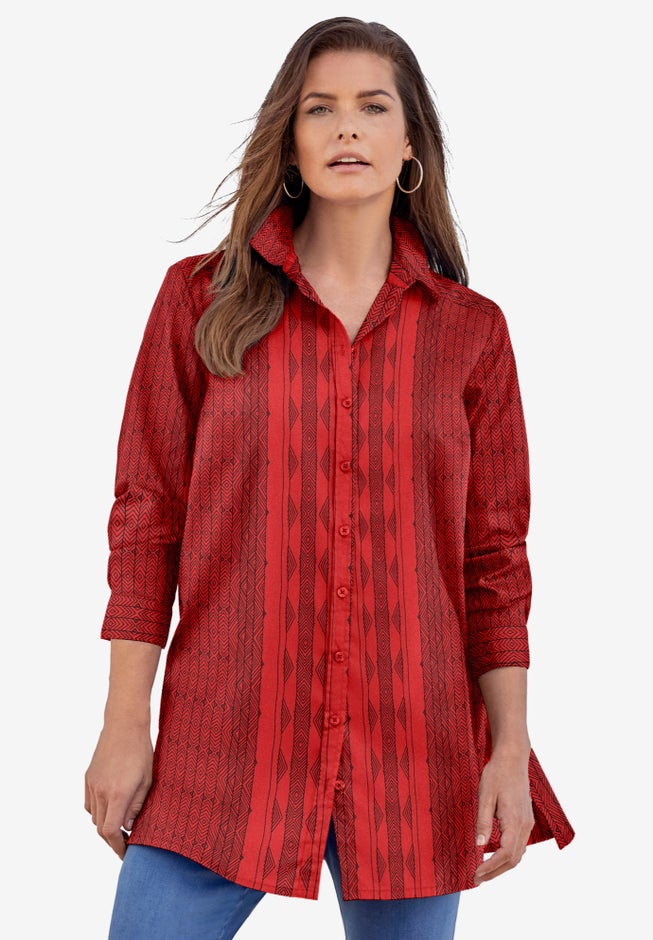 Plus Size Kate Long Sleeve Tunic Easy Cotton-Blend Button-Front Shirt image number 0