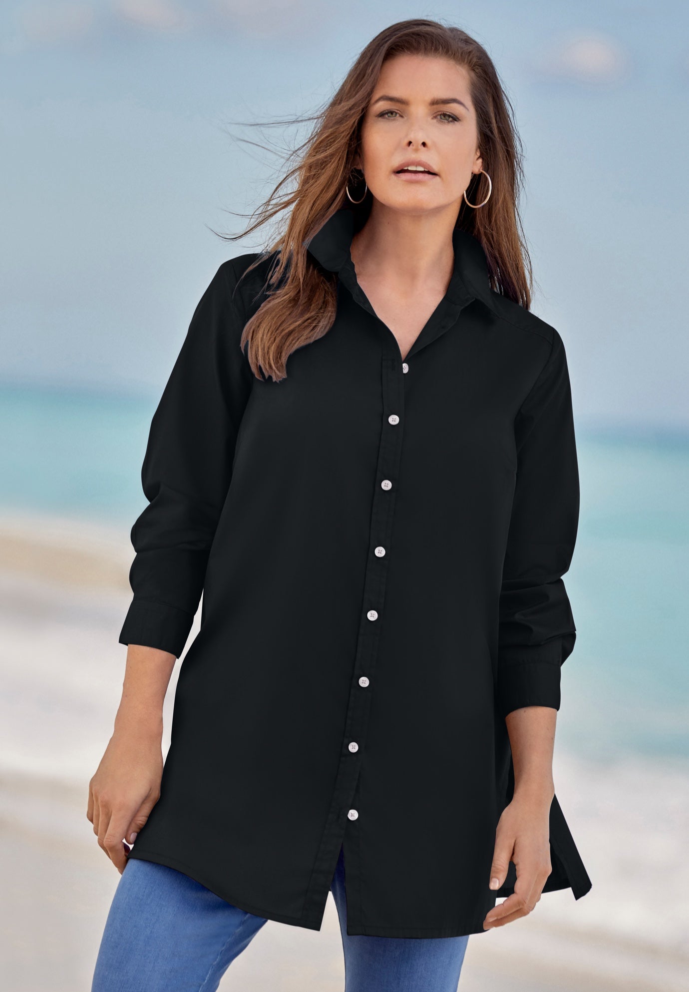 Kate Long-Sleeve Crisp Cotton-Blend Button-Front Tunic image number 0