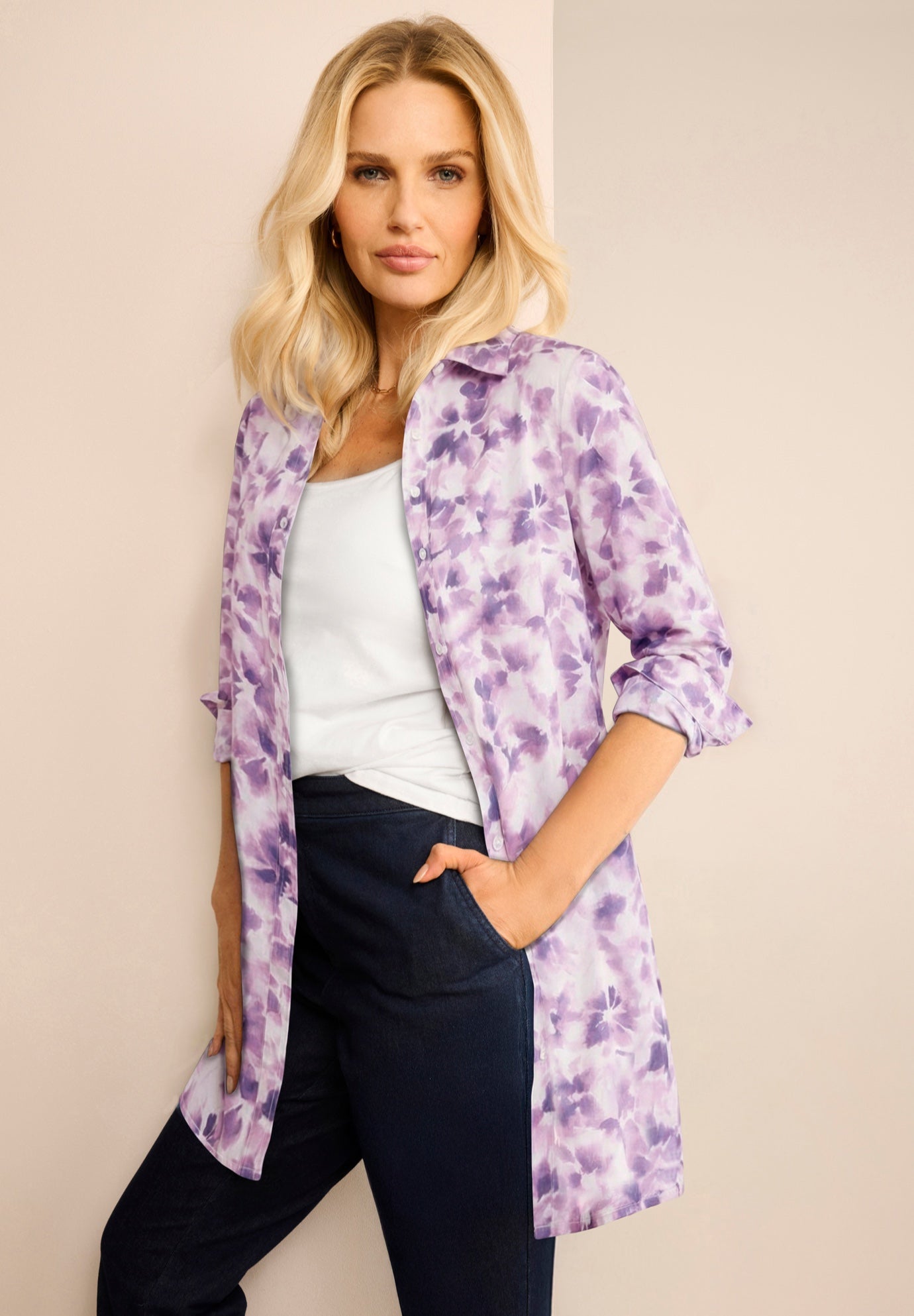 Kate Long-Sleeve Crisp Cotton-Blend Button-Front Tunic image number 0