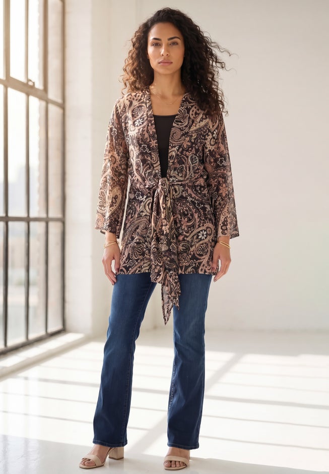 Plus Size Front-Knot Tie Kimono image number 1
