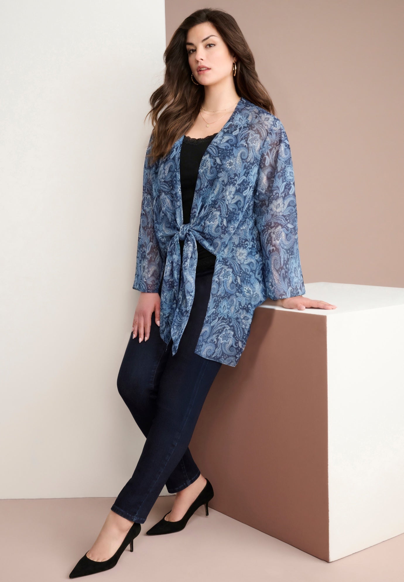 Plus Size Front-Knot Tie Kimono image number 0