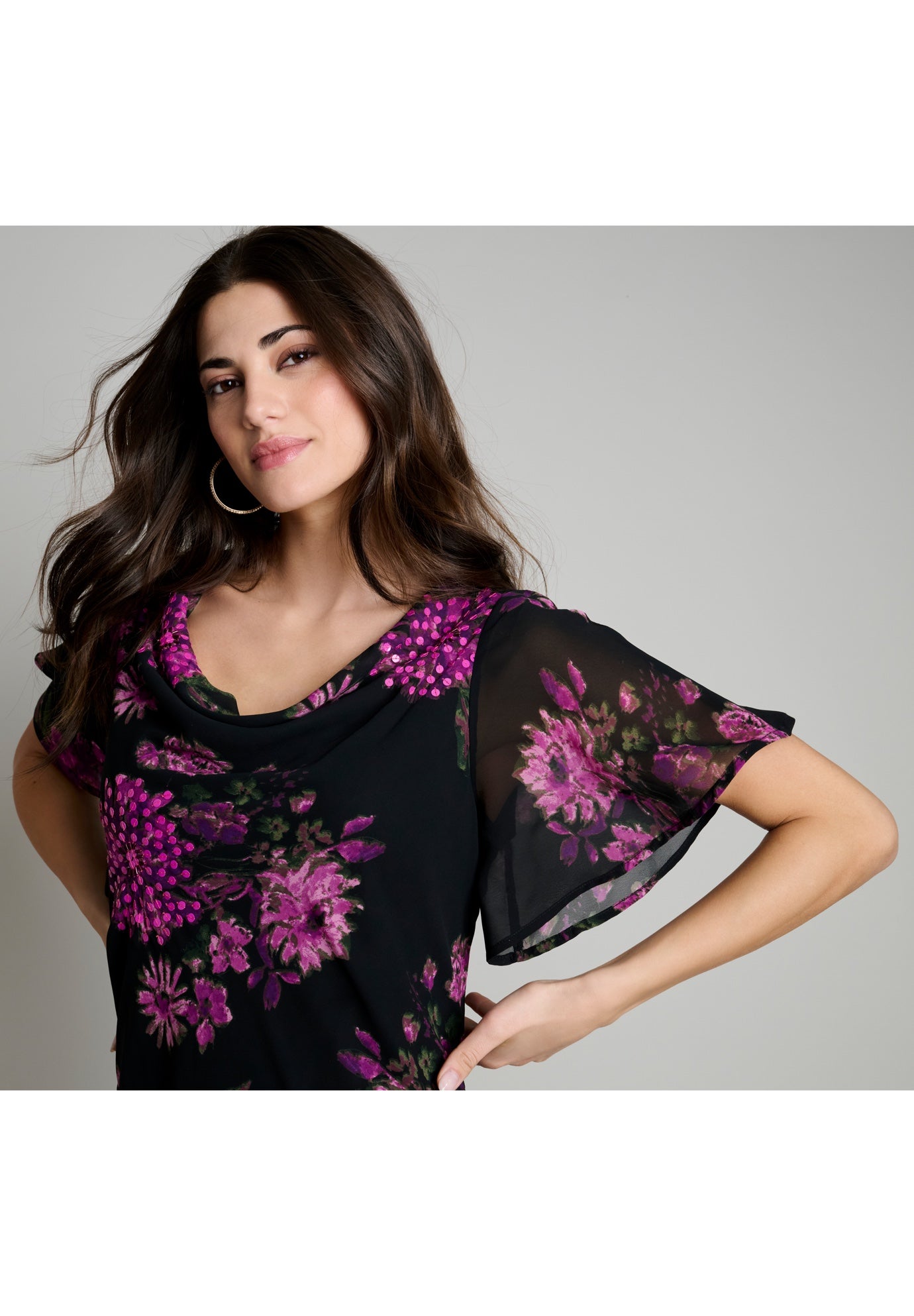 Plus Size Floral Sequin Flutter-Sleeve Gown – Handkerchief-Hem Maxi Dress image number 4