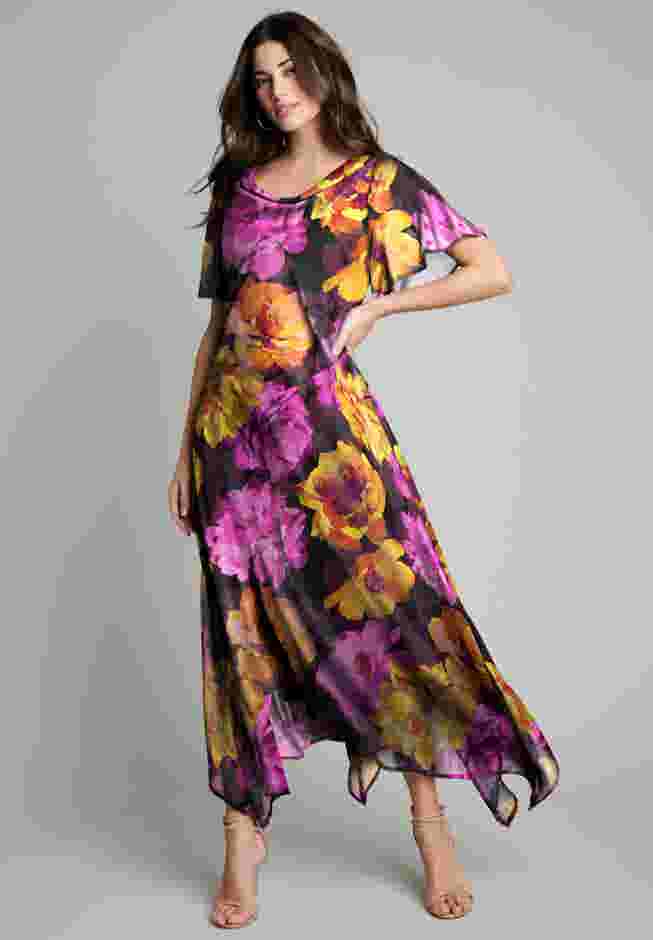Plus Size Floral Sequin Flutter-Sleeve Gown – Handkerchief-Hem Maxi Dress image number 0