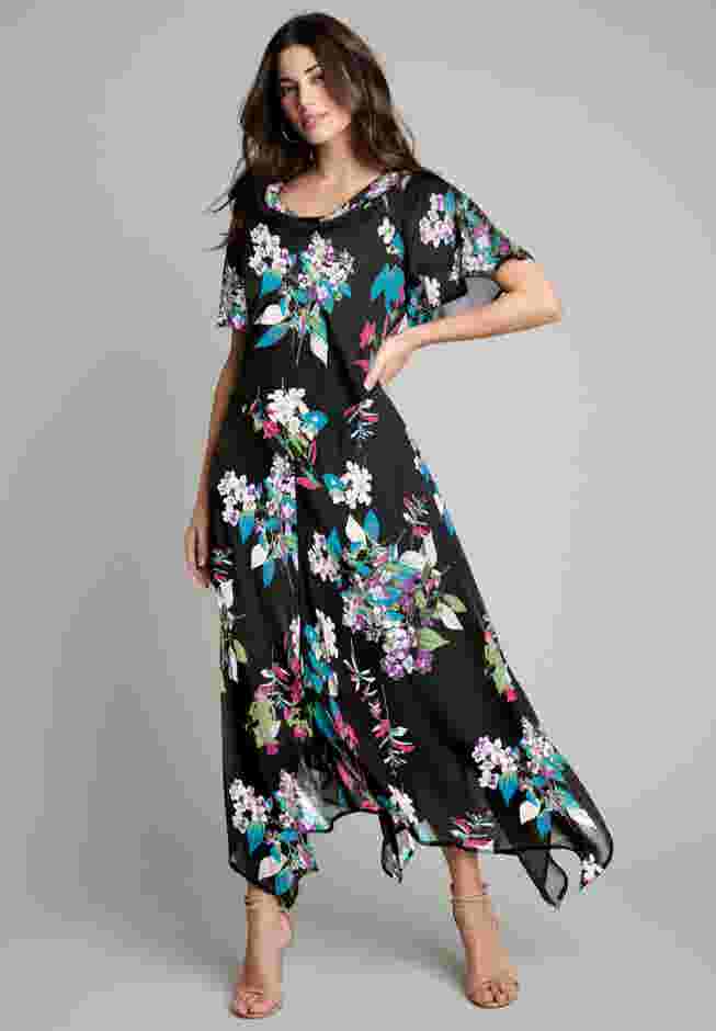 Plus Size Floral Sequin Flutter-Sleeve Gown – Handkerchief-Hem Maxi Dress image number 0