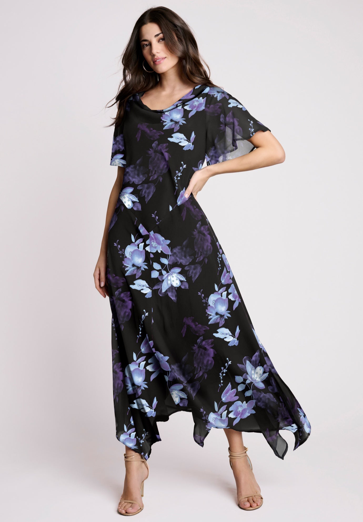 Plus Size Floral Sequin Flutter-Sleeve Gown &ndash; Handkerchief-Hem Maxi Dress image number 0