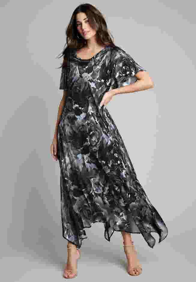 Plus Size Floral Sequin Flutter-Sleeve Gown – Handkerchief-Hem Maxi Dress image number 0