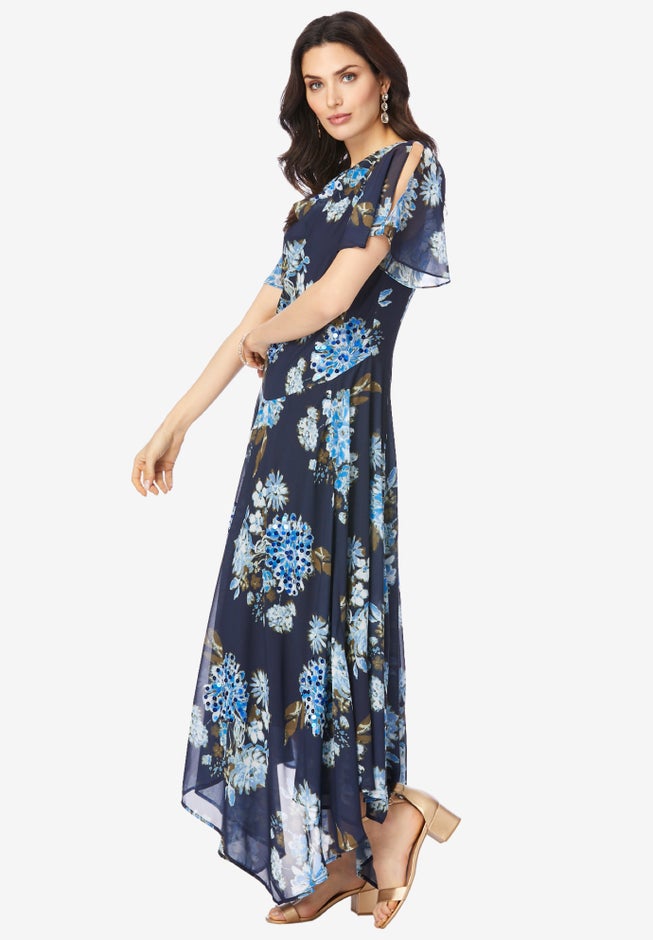 Plus Size Floral Sequin Flutter-Sleeve Gown – Handkerchief-Hem Maxi Dress image number 2