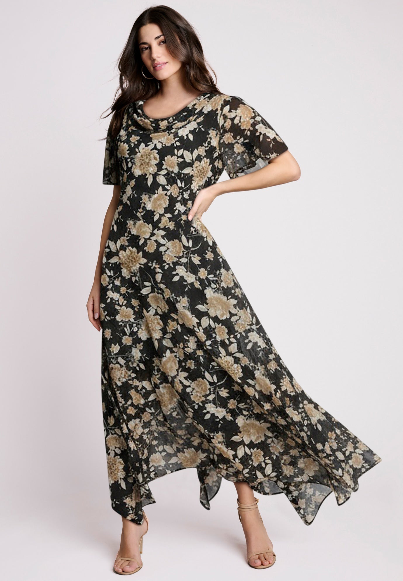 Plus Size Floral Sequin Flutter-Sleeve Gown &ndash; Handkerchief-Hem Maxi Dress image number 0