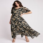 Plus Size Floral Sequin Flutter-Sleeve Gown &ndash; Handkerchief-Hem Maxi Dress image number null