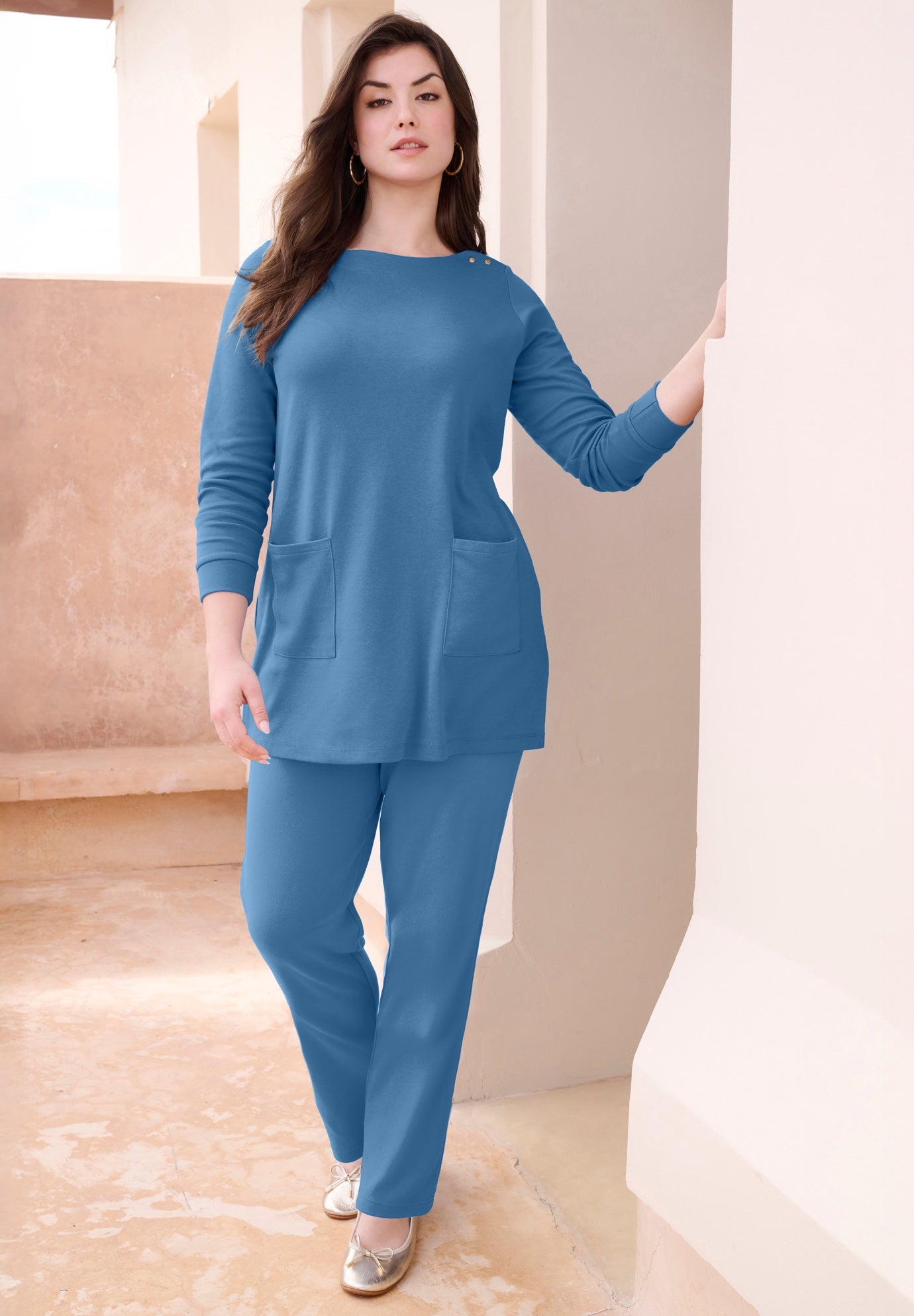 Snap Button Boatneck Soft Knit Tunic image number 0