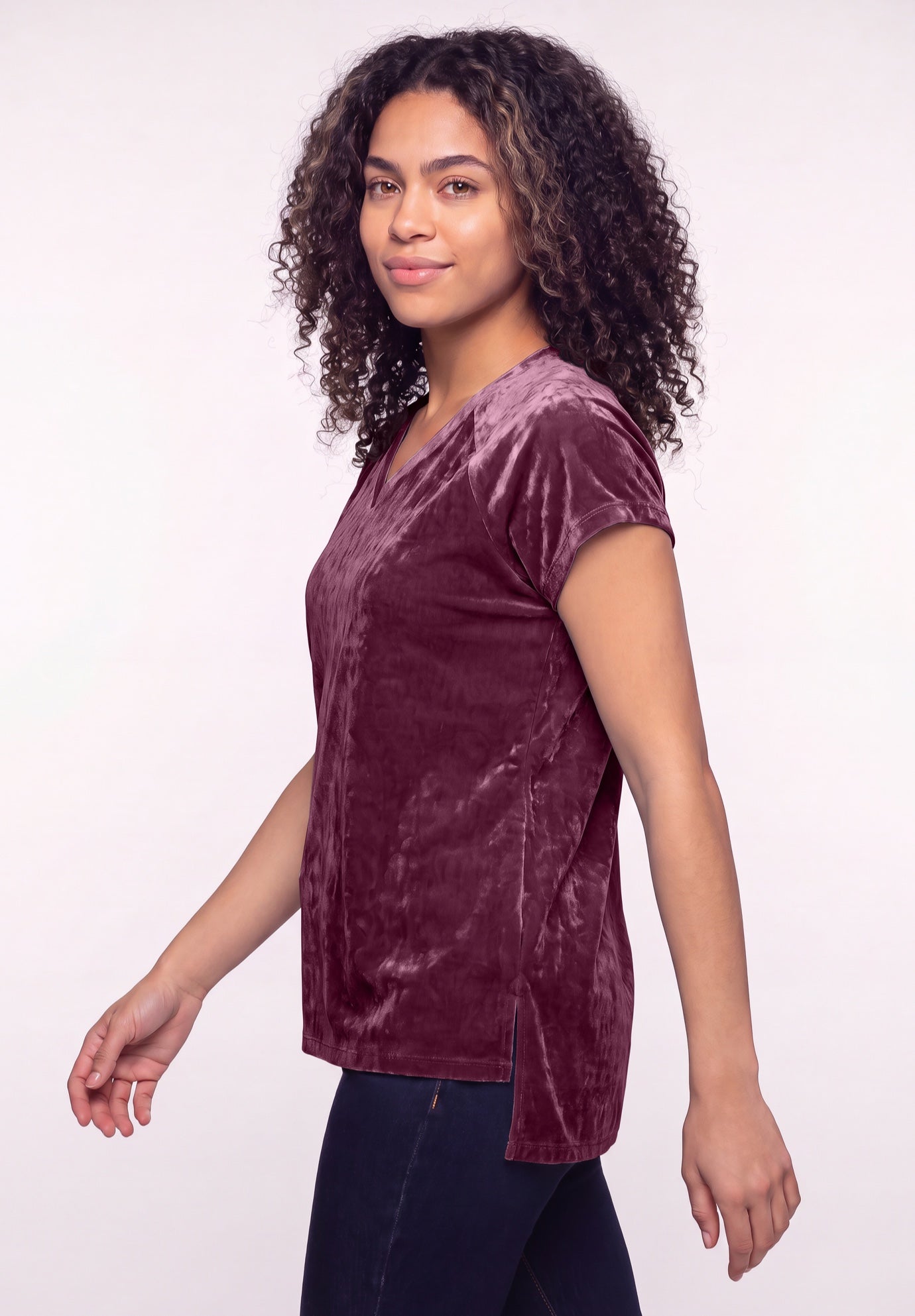 Stretch Crushed Velour V-neck Short Sleeve Tee image number 2