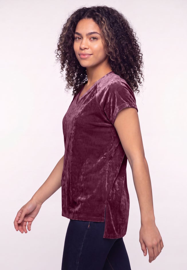 Stretch Crushed Velour V-neck Short Sleeve Tee image number 2