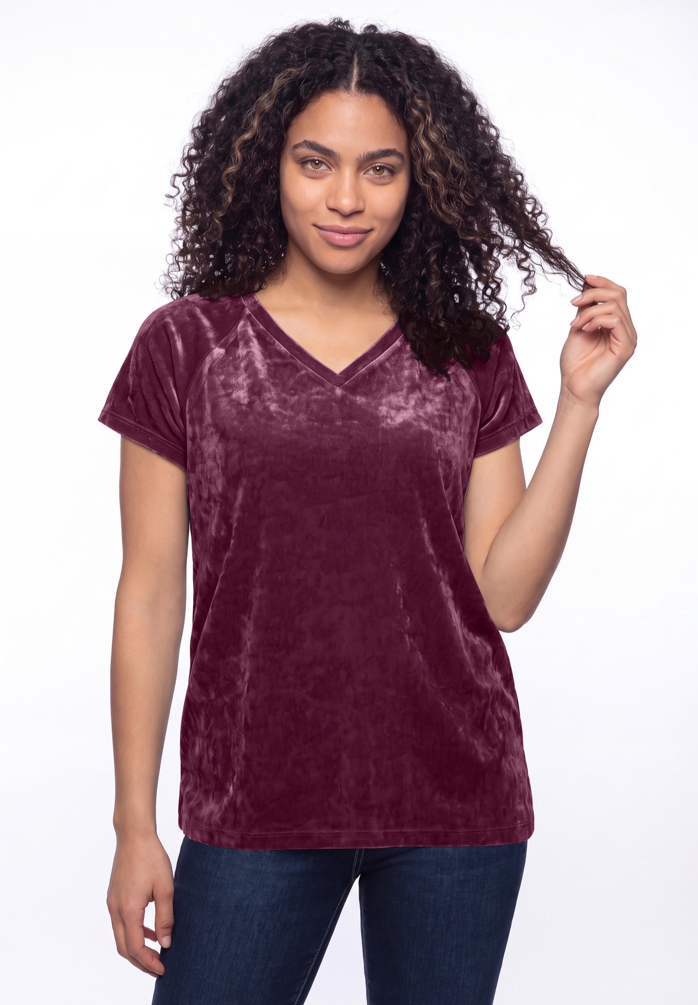 Stretch Crushed Velour V-neck Short Sleeve Tee image number 0