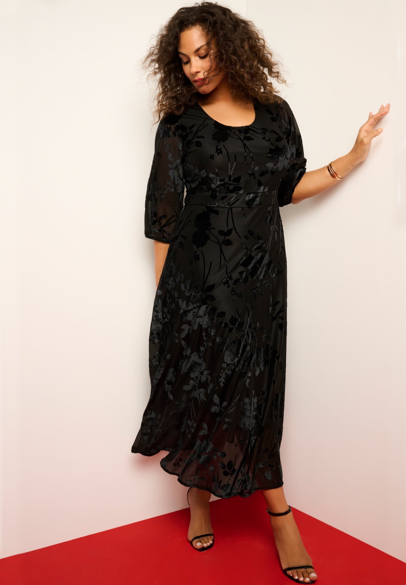 Plus-Size Velvet 3/4 Sleeve Burnout Overlay Dress with Sheer Sleeves image number 0