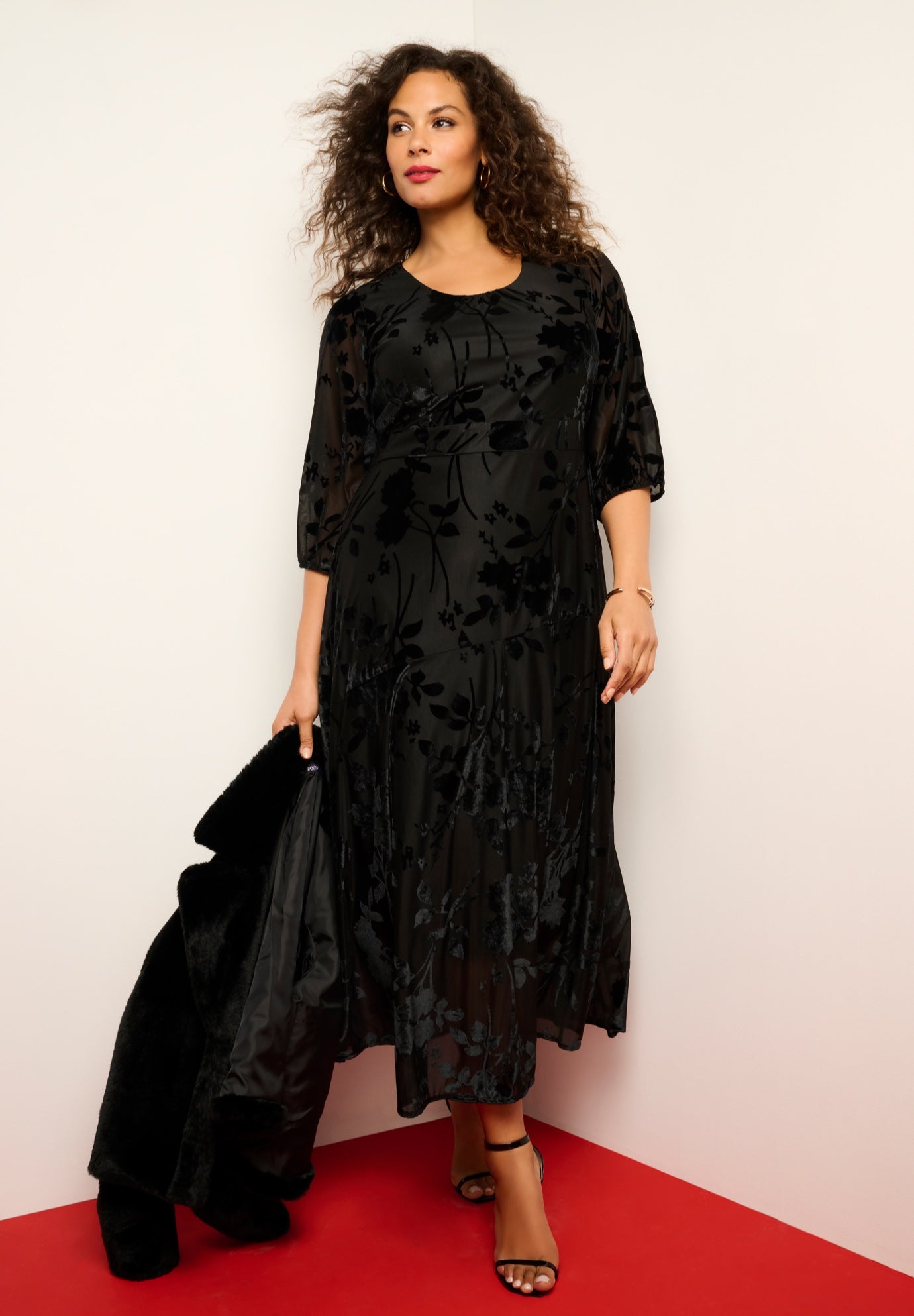Plus-Size Velvet 3/4 Sleeve Burnout Overlay Dress with Sheer Sleeves image number 1