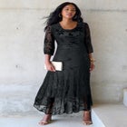 Plus-Size Velvet 3/4 Sleeve Burnout Overlay Dress with Sheer Sleeves image number null