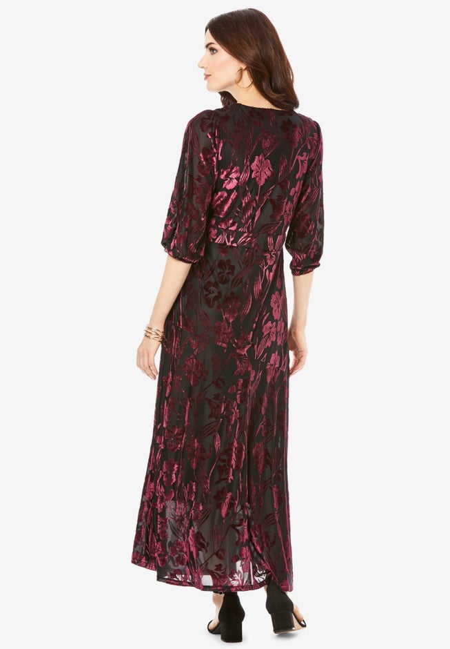 Plus-Size Velvet 3/4 Sleeve Burnout Overlay Dress with Sheer Sleeves image number 1