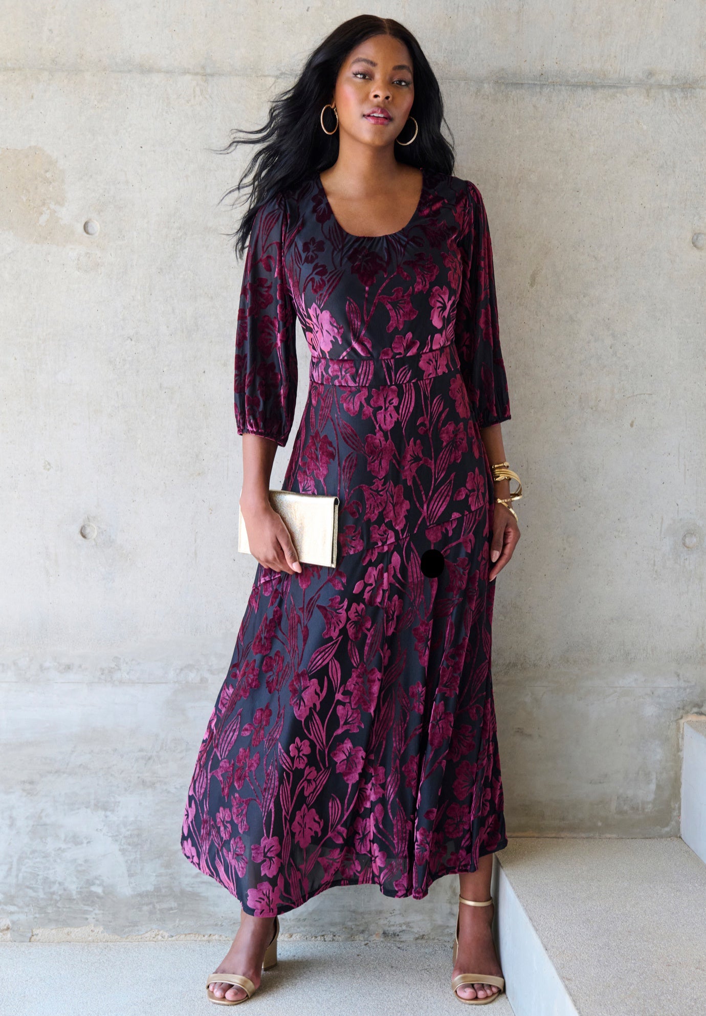 Plus-Size Velvet 3/4 Sleeve Burnout Overlay Dress with Sheer Sleeves image number 3