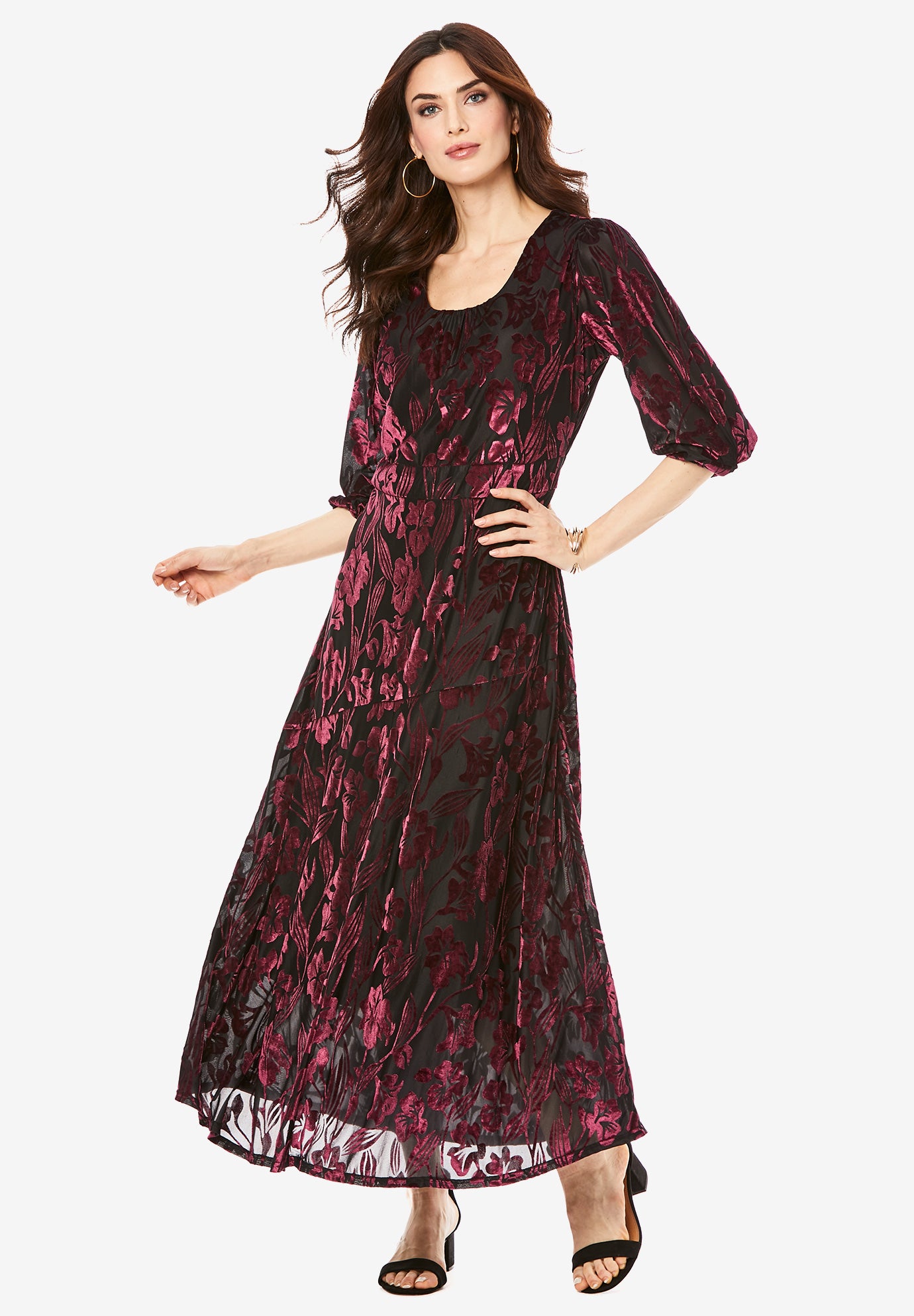 Plus-Size Velvet 3/4 Sleeve Burnout Overlay Dress with Sheer Sleeves image number 0