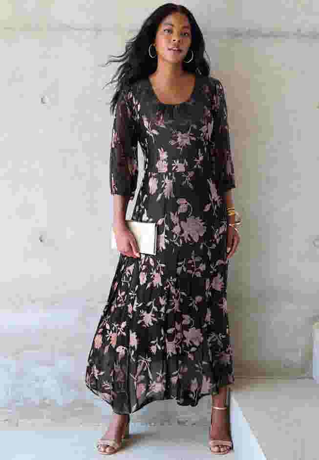Plus-Size Velvet 3/4 Sleeve Burnout Overlay Dress with Sheer Sleeves image number 0
