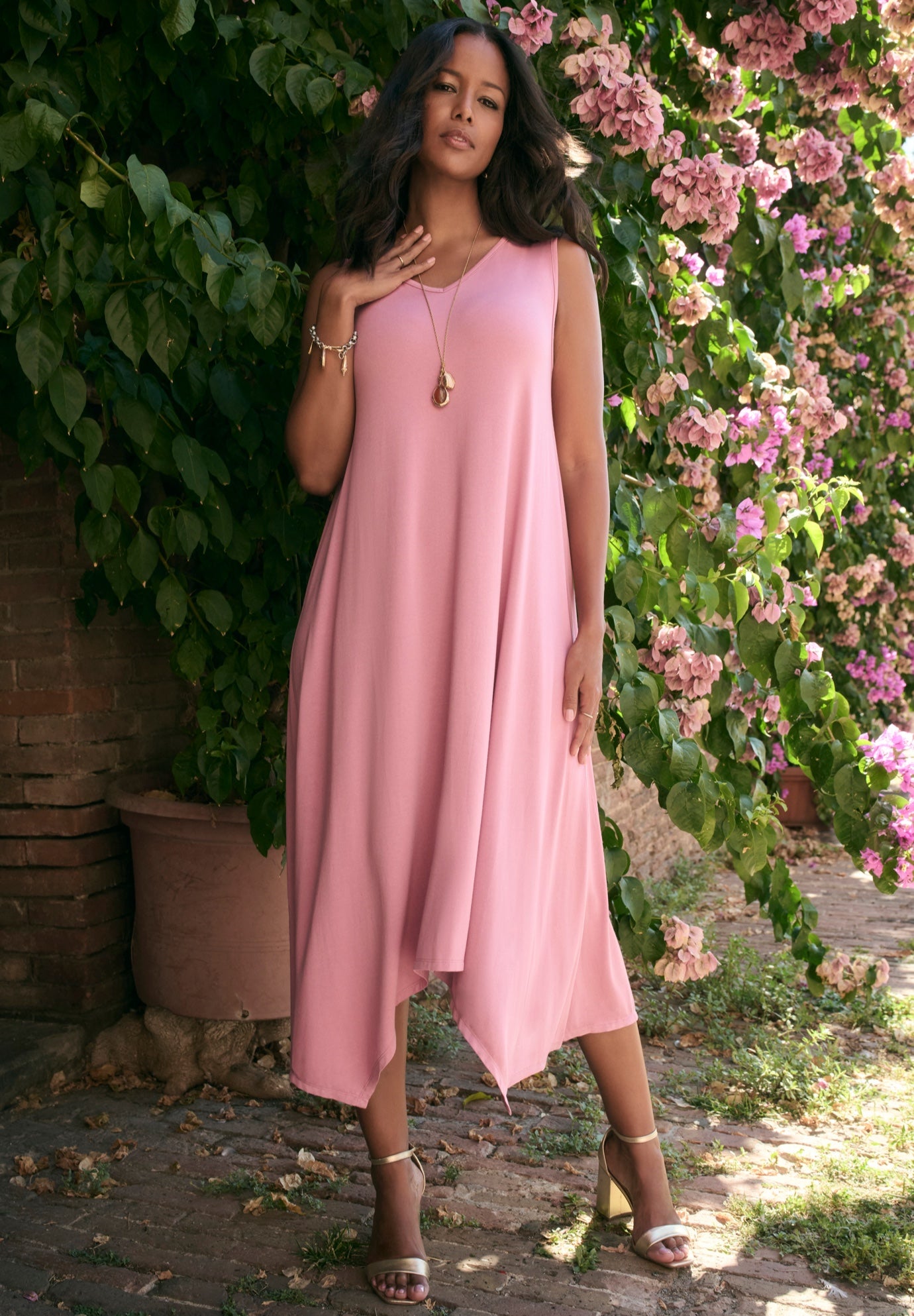 Plus Size Stretch Knit Mid Length Sleeveless Swing Dress image number 0