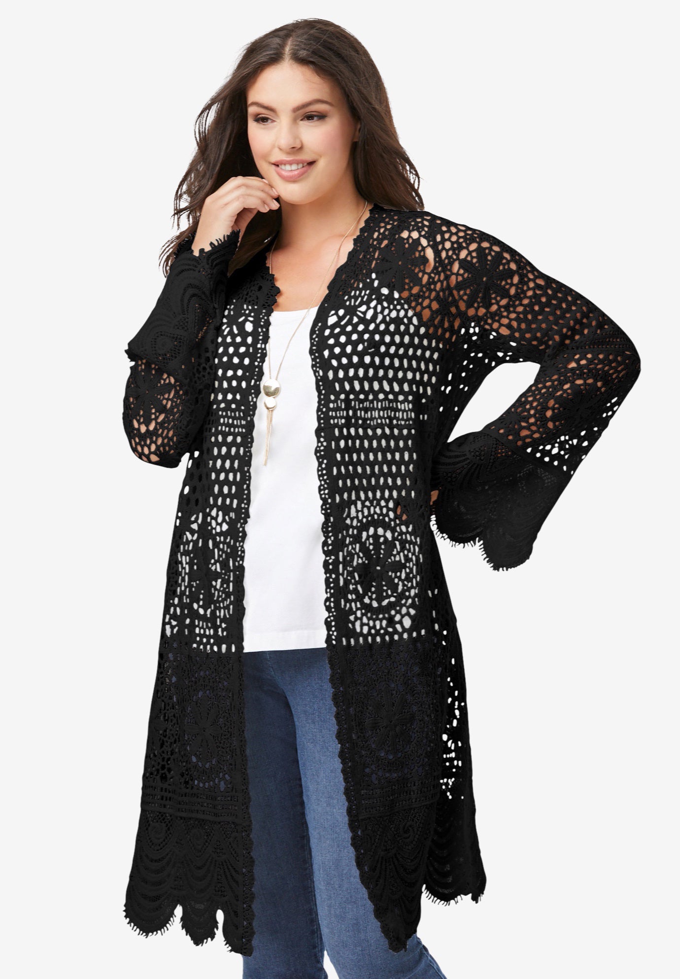 Plus Size Floral Lace Crochet Duster image number 0