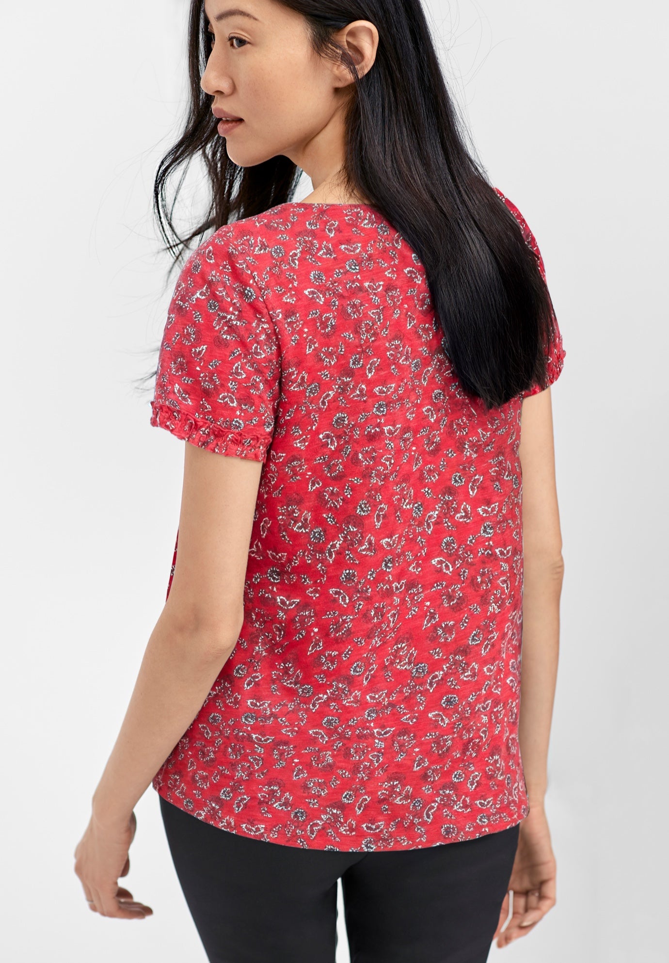100% Cotton Slub Self-Tie Keyhole Neckline Short Sleeve Tee image number 1