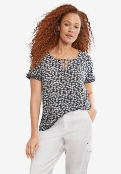 100% Cotton Slub Self-Tie Keyhole Neckline Short Sleeve Tee