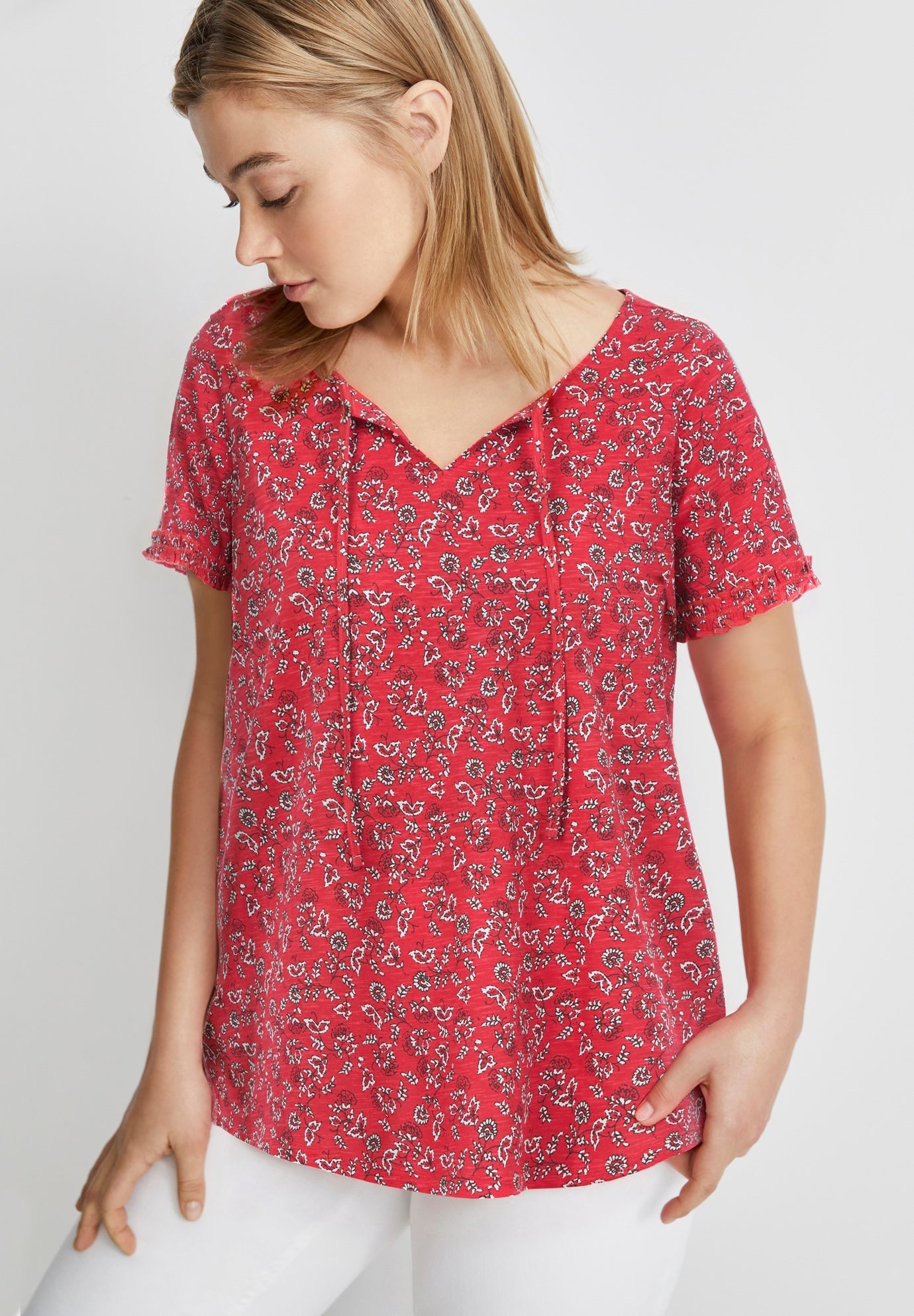 100% Cotton Slub Self-Tie Keyhole Neckline Short Sleeve Tee image number 0