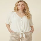 V-Neck Crinkle Tie-Front Elbow-Sleeve Blouse image number null