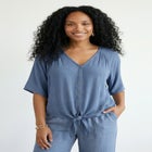 V-Neck Crinkle Tie-Front Elbow-Sleeve Blouse image number null