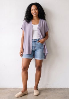 Linen-Blend V-Neck Button-Front Dolman Sleeve Oversized Tunic