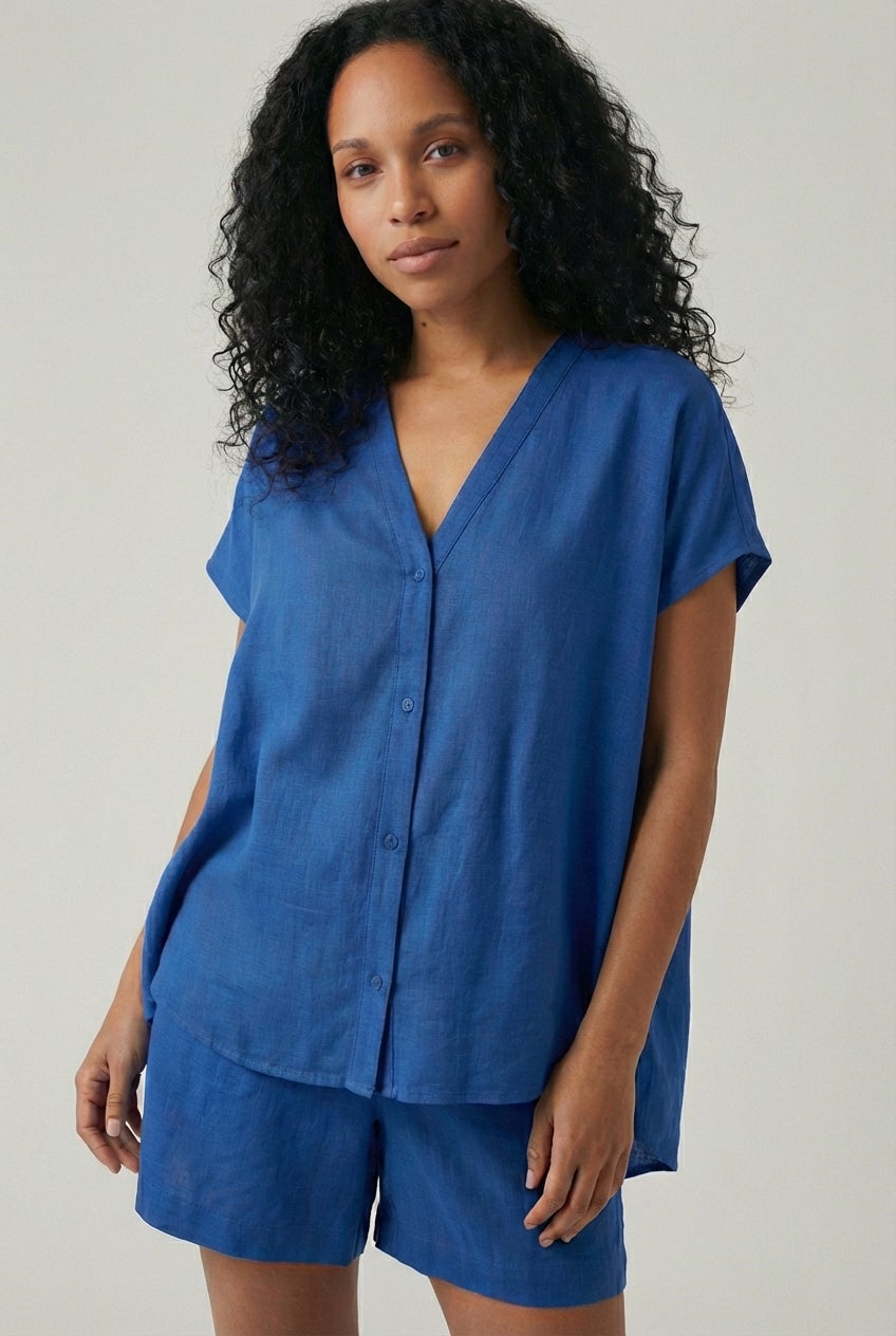 Linen-Blend V-Neck Button-Front Dolman Sleeve Oversized Tunic image number 0
