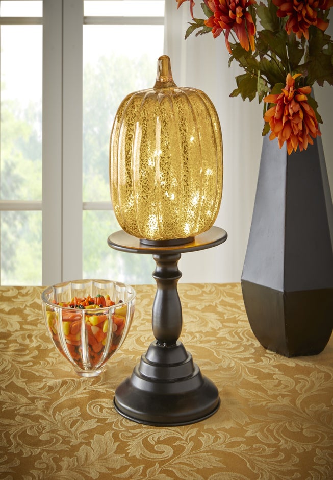11"H x 6"Diam. Pre-Lit Mercury Glass Pumpkin on Metal Stand image number 1