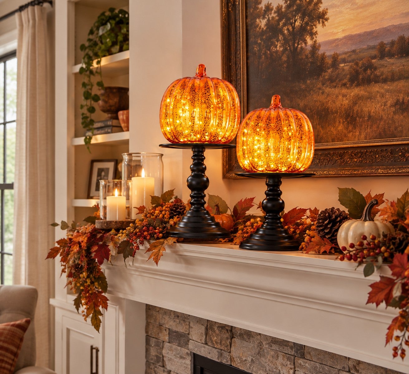 14&frac12;"H x 6"Diam Pre-Lit Mercury Glass Pumpkin on Metal Stand image number 2