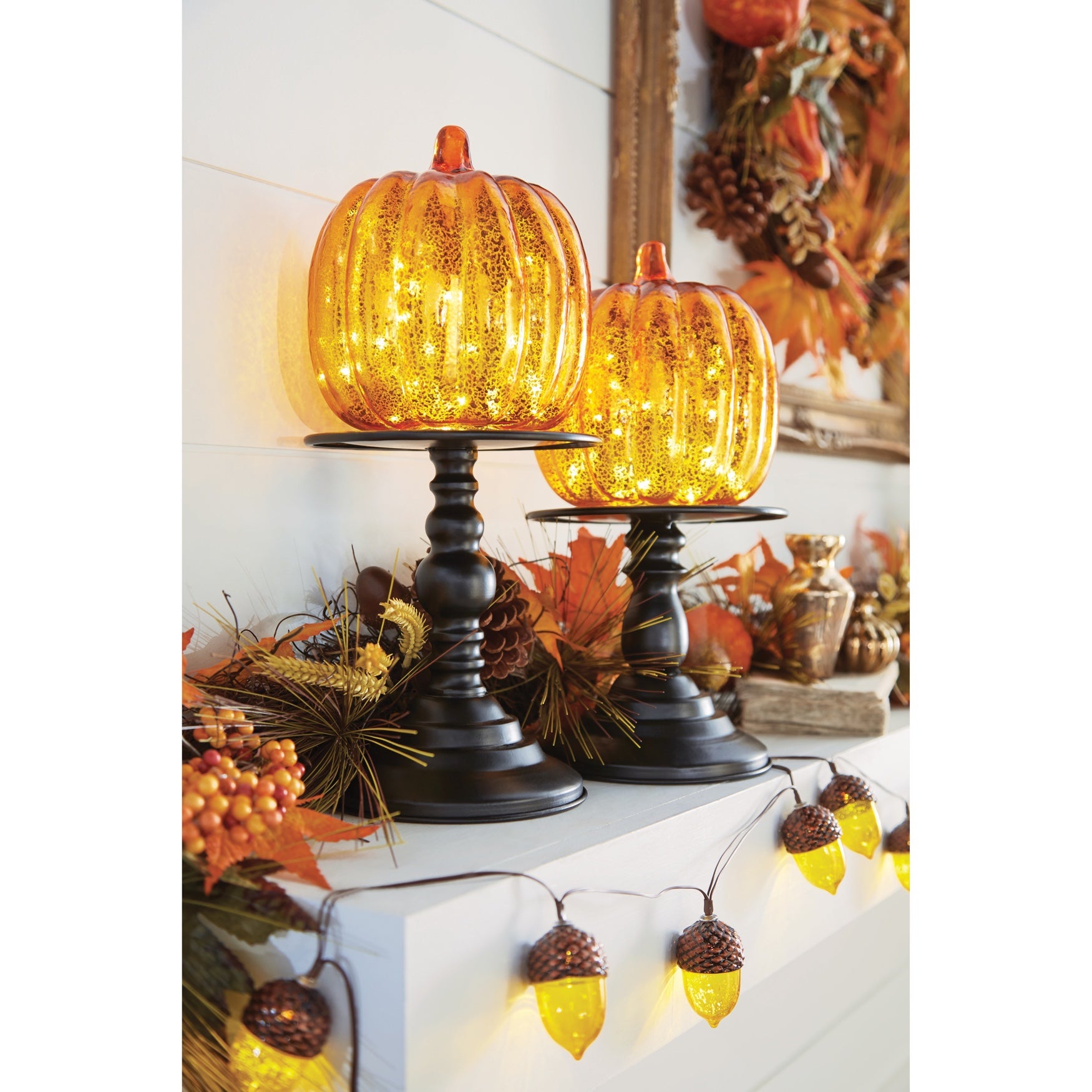 14&frac12;"H x 6"Diam Pre-Lit Mercury Glass Pumpkin on Metal Stand image number 0
