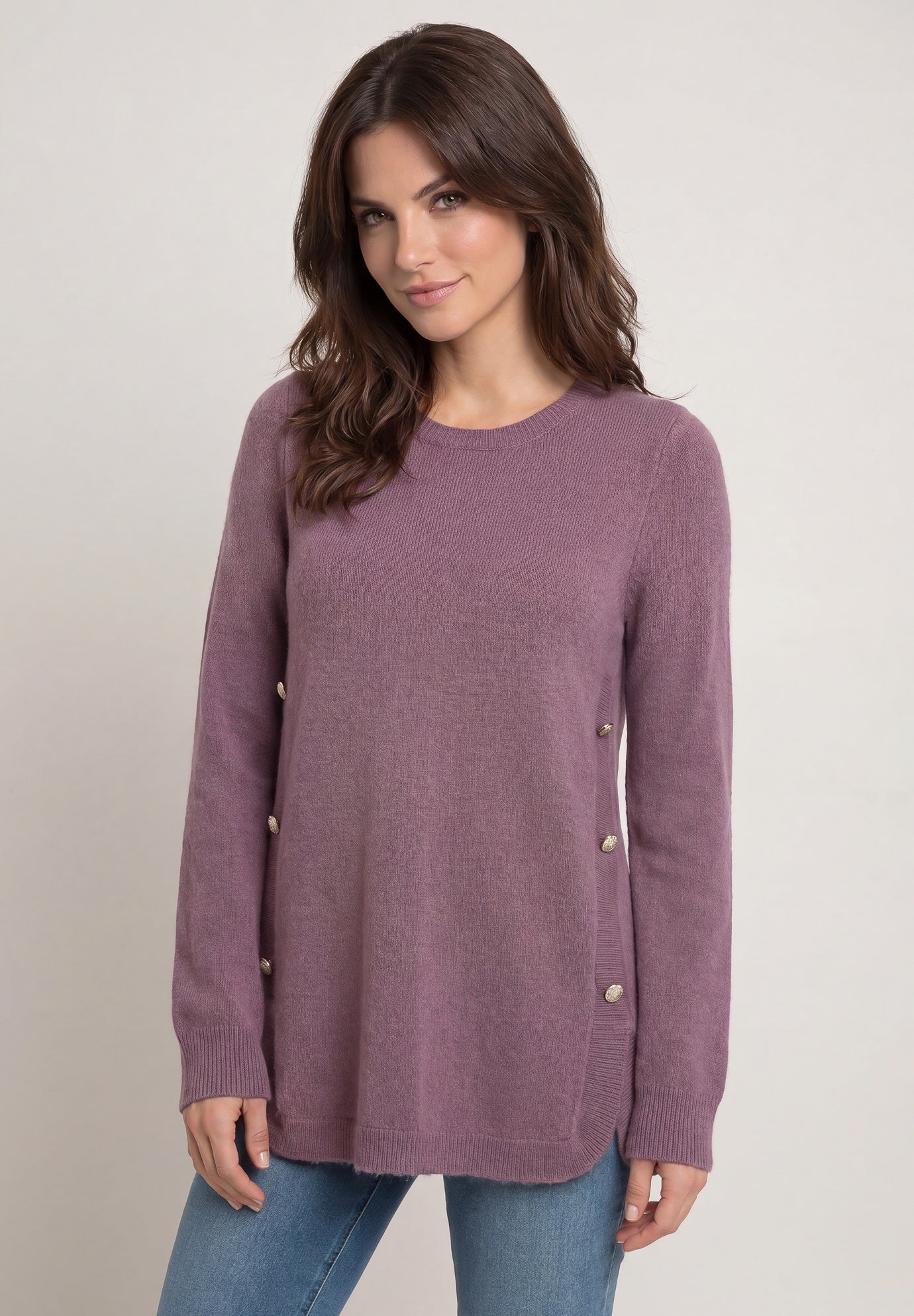 Stretch Scoop Neck Curved Hem With Buttons Pullover Sweater image number 0
